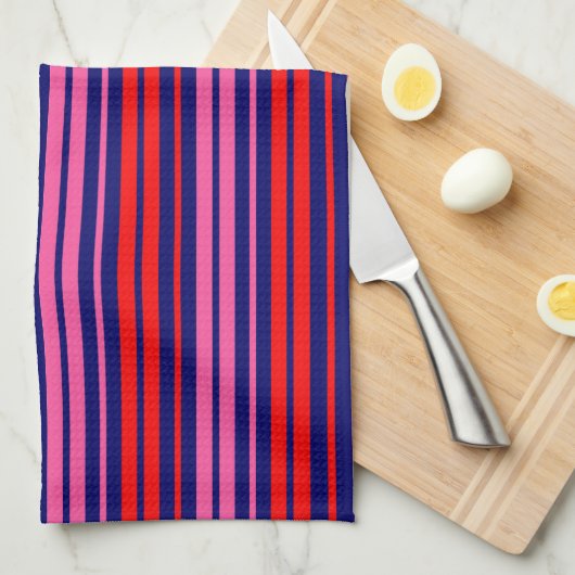 Marineblauw Rood Roze Verticale Strepen Design   Theedoek (Quarter Fold)