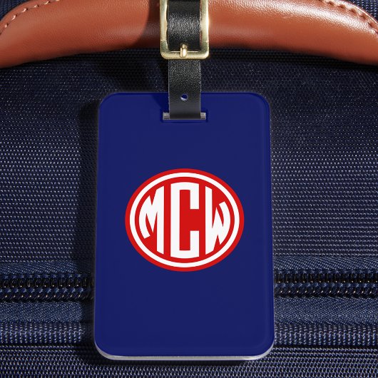 Marineblauw Rood Wit Cirkel Monogram DIY Achtergro Bagagelabel