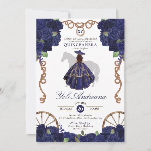 Marineblauw Roos Bloemenland Western Quinceanera Kaart (Voorkant)