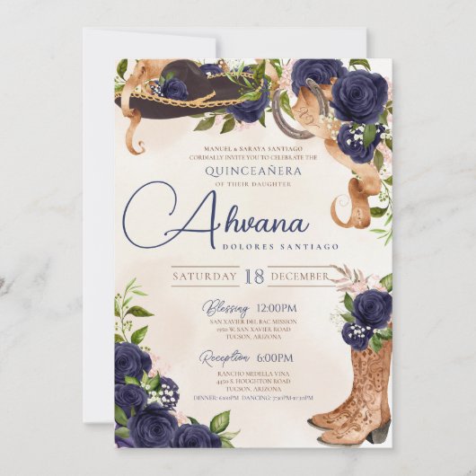 Marineblauw Roos  Charro Western Quinceanera Kaart (Voorkant)