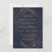 Marineblauw & Roos Goud Chique Bloemengrens Bruilo Kaart (Voorkant)