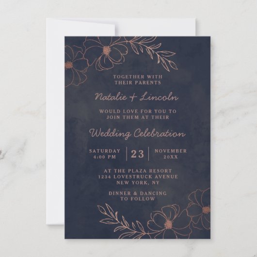 Marineblauw & Roos Goud Chique Bloemengrens Bruilo Kaart (Voorkant)