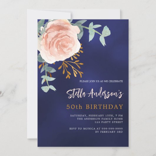 Marineblauw roos gouden bloemengroen Verjaardag Kaart (Voorkant)