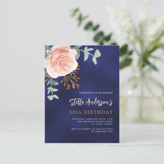 Marineblauw roos gouden bloemengroen Verjaardag Uitnodiging Briefkaart (Staand voorkant)