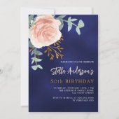 Marineblauw roos gouden bloemengroene luxeverjaard kaart (Voorkant)