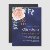 Marineblauw roos gouden bloemengroene luxeverjaard magnetische uitnodiging (Voorkant / Achterkant)