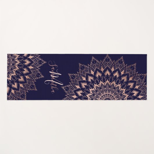 Marineblauw roos gouden boho mandala monogram yogamat (Voorkant (horizontaal))