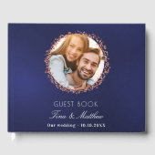 Marineblauw roos gouden foto bruiloft gastenboek (Voorkant)