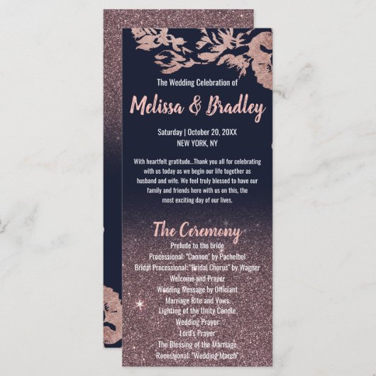 Marineblauw Roos Gouden Glitter Bloemen Trouwprogr Programmakaart (Voorkant / Achterkant)