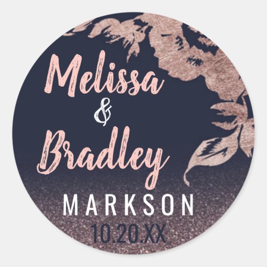 Marineblauw Roos Gouden Glitter Bloemenbruiloft Ronde Sticker (Voorkant)