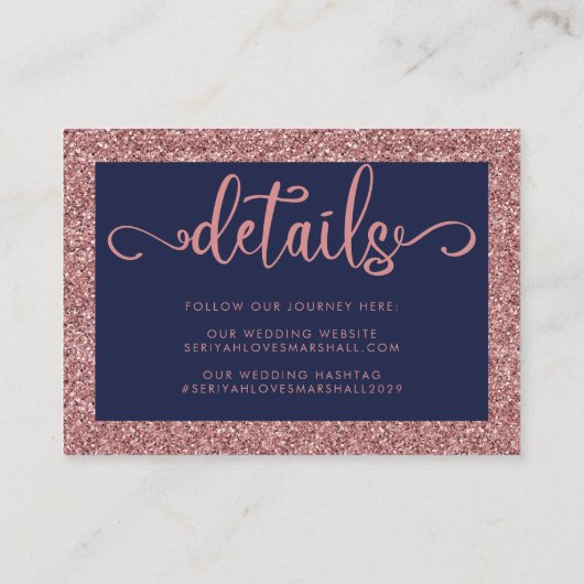 Marineblauw Roos Gouden Glitter Drips Bruiloft Det Informatiekaartje (Achterkant)