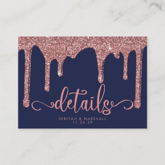 Marineblauw Roos Gouden Glitter Drips Bruiloft Det Informatiekaartje (Voorkant)