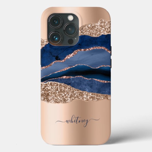 Marineblauw & Roos Gouden Glitter Marmer Modern Case-Mate iPhone Case (Achterkant)