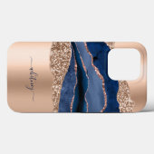 Marineblauw & Roos Gouden Glitter Marmer Modern Case-Mate iPhone Case (Achterkant (horizontaal))