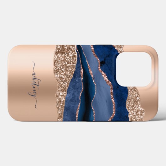 Marineblauw & Roos Gouden Glitter Marmer Modern Case-Mate iPhone Case (Achterkant (horizontaal))