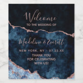 Marineblauw Roos Gouden Marmer Agaat Bruiloft Welk Wijn Etiket (Enkel label)