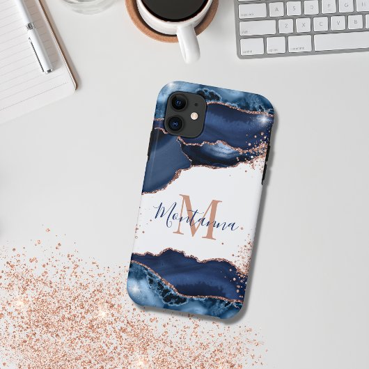 Marineblauw Roos gouden marmeren agaat gepersonali Case-Mate iPhone Case