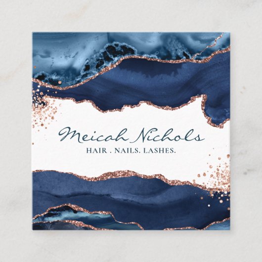 Marineblauw Roos gouden marmeren agaat gepersonali Vierkante Visitekaartje (Voorkant)