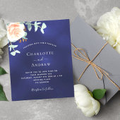 Marineblauw roos groen budget bruiloft uitnodiging