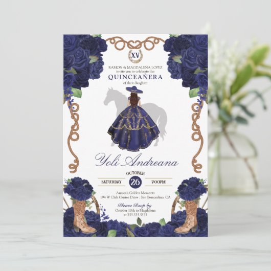 Marineblauw Roos laarzen Charro Vestidos Quince An Kaart (Staand voorkant)