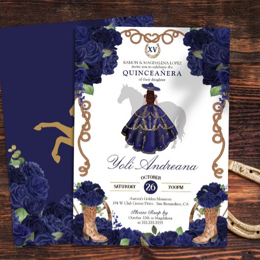 Marineblauw Roos laarzen Charro Vestidos Quince An Kaart