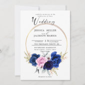 Marineblauw | Royal Blue Blush Roze Bloemen Bruilo Kaart (Voorkant)