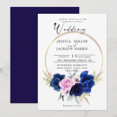 Marineblauw | Royal Blue Blush Roze Bloemen Bruilo Kaart (Voorkant / Achterkant)