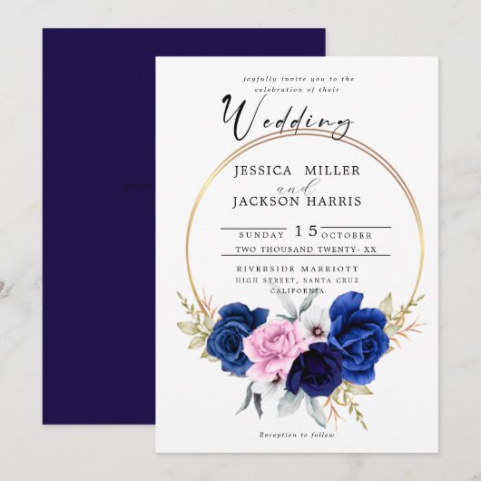 Marineblauw | Royal Blue Blush Roze Bloemen Bruilo Kaart (Voorkant / Achterkant)