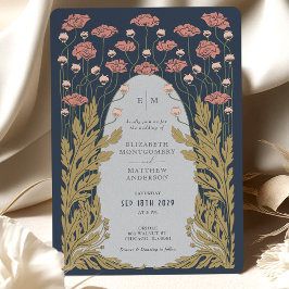 Marineblauw Roze Art Nouveau Bloemenbruiloft Kaart