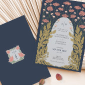 Marineblauw Roze Art Nouveau Bloemenbruiloft Kaart