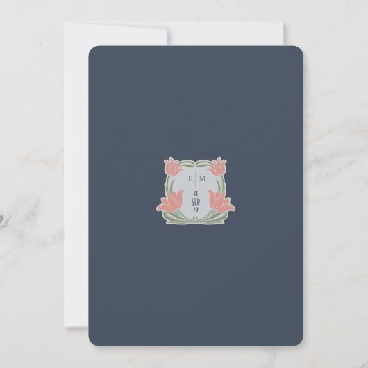 Marineblauw Roze  Art Nouveau Bloemenbruiloft Kaart (Achterkant)