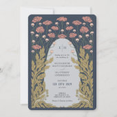 Marineblauw Roze Art Nouveau Bloemenbruiloft Kaart (Voorkant)