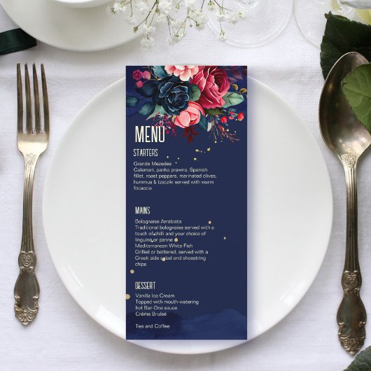Marineblauw roze blauwe bloemen menutemplate menu