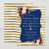 Marineblauw Roze Bloem Gouden Strepen Proefdinerma Kaart (Voorkant / Achterkant)