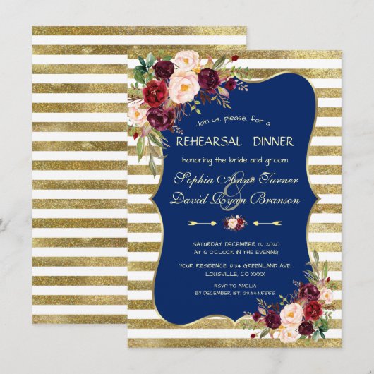 Marineblauw Roze Bloem Gouden Strepen Proefdinerma Kaart (Voorkant / Achterkant)