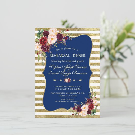 Marineblauw Roze Bloem Gouden Strepen Proefdinerma Kaart (Staand voorkant)