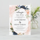 Marineblauw Roze Bloem Motief Geometrisch Frame Wi Kaart (Staand voorkant)