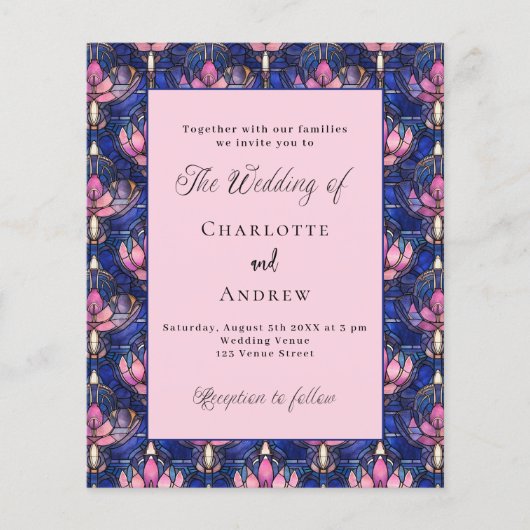 Marineblauw roze bloemen retro bruiloft uitnodigin (Voorkant)