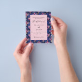 Marineblauw roze bloemen retro bruiloft uitnodigin flyer (Hand)