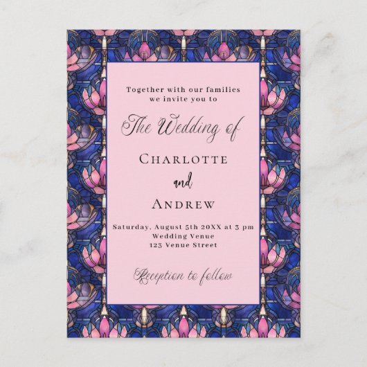 Marineblauw roze bloemen retro bruiloft uitnodiging briefkaart (Voorkant)