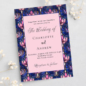 Marineblauw roze bloemen retro bruiloft uitnodiging briefkaart