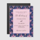 Marineblauw roze bloemen retro luxe bruiloft magnetische uitnodiging (Voorkant / Achterkant)