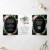 Marineblauw Roze Bloemencode QR Code Zwart Bruilof Drieluik Uitnodiging (Binnen)