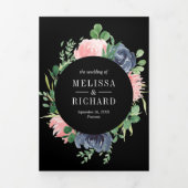 Marineblauw Roze Bloemencode QR Code Zwart Bruilof Drieluik Uitnodiging (Cover)