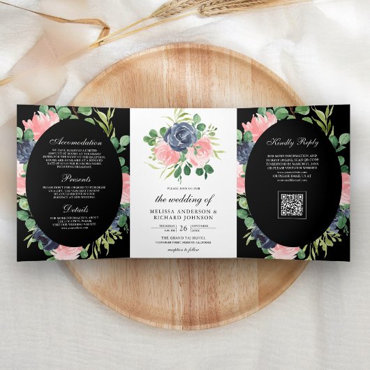 Marineblauw Roze Bloemencode QR Code Zwart Bruilof Drieluik Uitnodiging