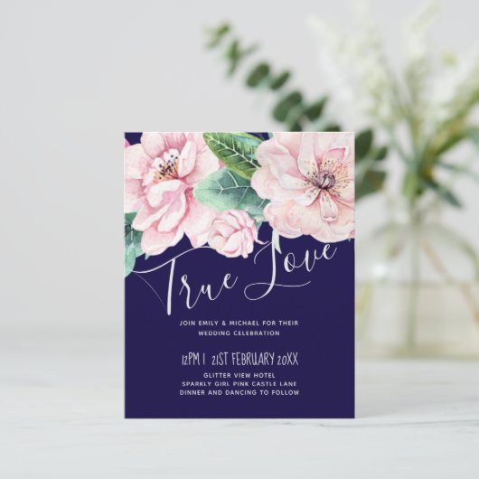 Marineblauw Roze Bloemend Modern Huwelijksbudget (Staand voorkant)