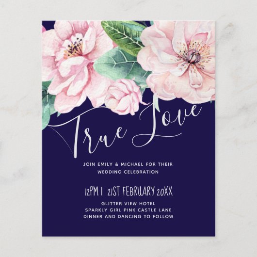 Marineblauw Roze Bloemend Modern Huwelijksbudget (Voorkant)