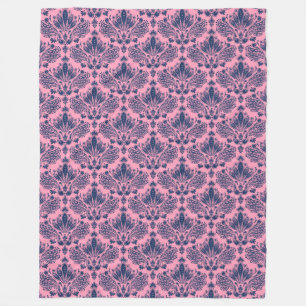 Marineblauw & Roze Bloemendamasker Fleece Deken