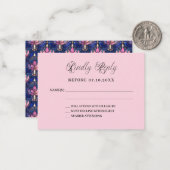 Marineblauw roze bloemetjes bruiloft reactie RSVP Notitiekaartje (Voorkant / Achterkant in situ)