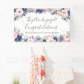 Marineblauw roze bloemig botanisch Verloving banne Spandoek (Insitu)